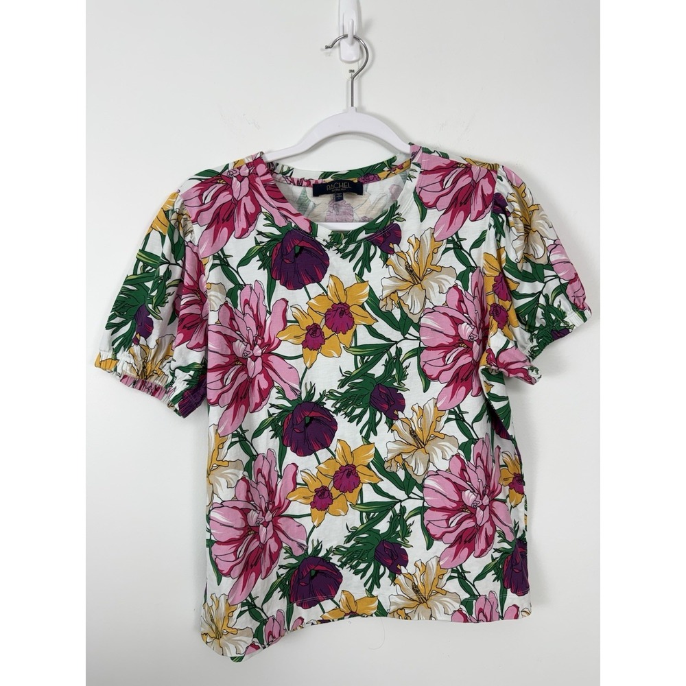 RACHEL Rachel Roy Top Floral Puff Sleeve Pink Bold Vibrant Cruise Vacation Top L